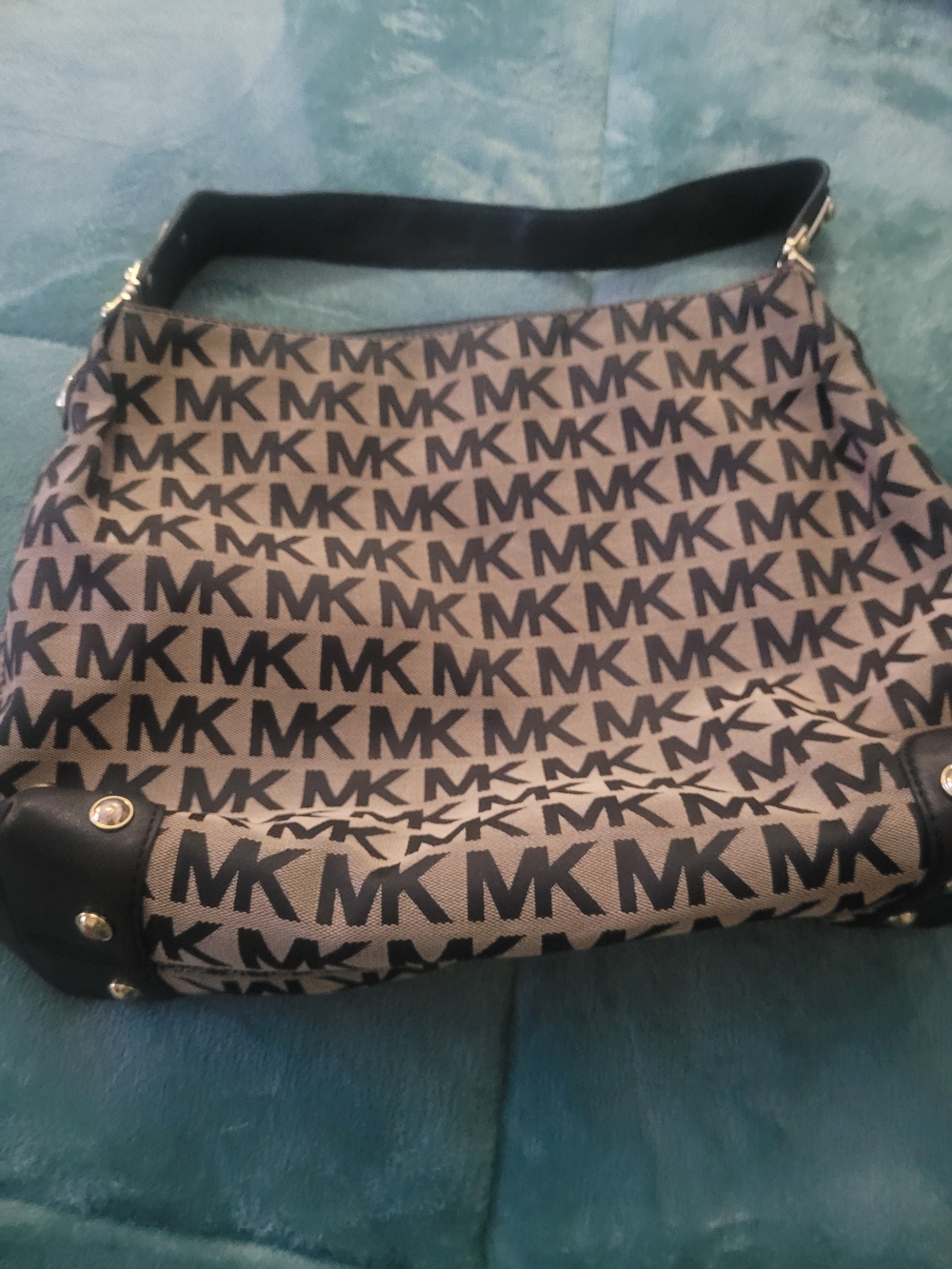 Michael Kors Black MK Logo Shoulder Bag on Beige Canvas